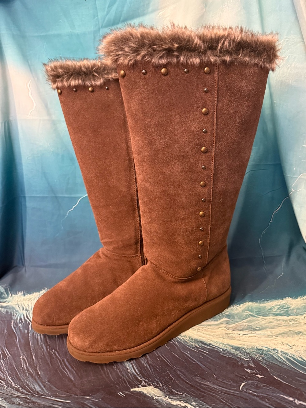 BearPaw Brown Suede Faux-Fur Tall Winter Boots with Stud Accents